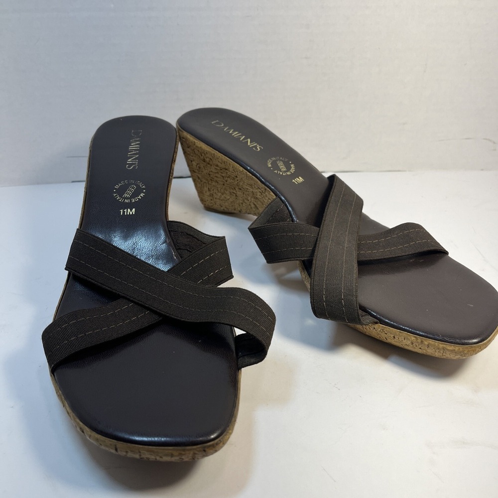 Womens DAMIANI'S Brown Leather Cork Wedge Sandals Heels Slip Ons Shoes Sz 11 M